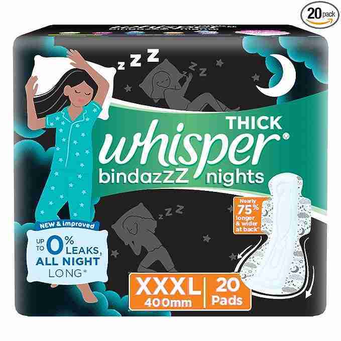 WHISPER BINDAZZZ NIGHTS SANITARY PADS, 20 XXXL PADS, UPTO 0% LEAKS ALL NIGHT LONG, FOR HEAVY FLOW, 75% LONGER & WIDER BACK