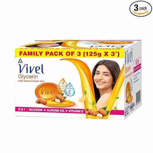 Vivel Glycerin Bathing Soap for Soft Moisturized Skin with Pure Almond Oil & Vitamin E, 375g (125g - Pack of 3), Soap for Women & Men,