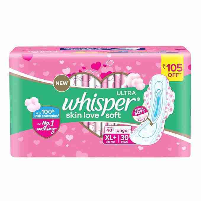 WHISPER ULTRA SKIN LOVE SOFT SANITARY PADS, 30 XL+ PADS, COTTONY SOFT, OUR #1 SOFTNESS, IRRITATION FREE, FOR INTIMATE SKIN, DISPOSABLE WRAPPER