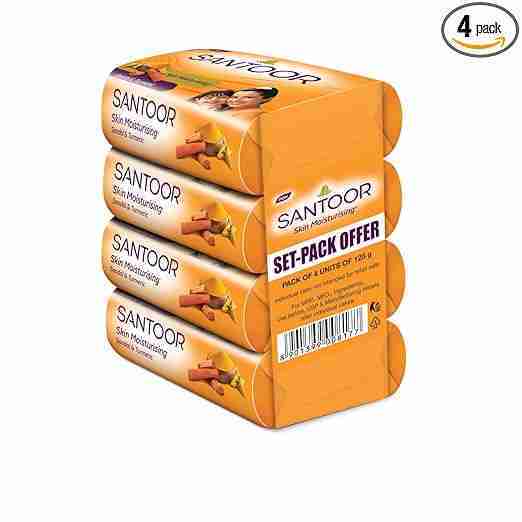Santoor Skin Moisturizing Sandal & Turmeric Bathing Soap with Nourishing & Anti-Aging Properties| For Soft & Smooth and Younger-Looking Skin| For All Skin Types| Pack of 4, 125g